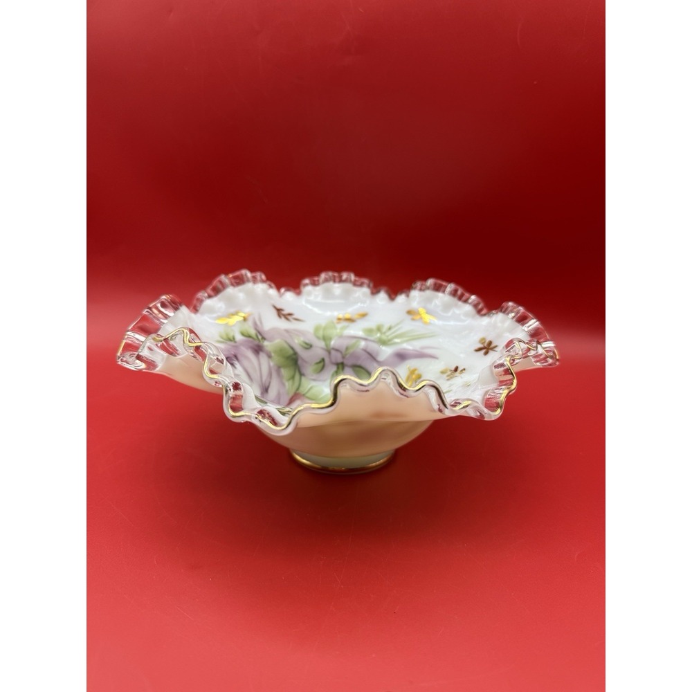 Charleton Art Glass Bowl Pink/White/Gold Hand Painted Floral Rose Ruffled Rim
